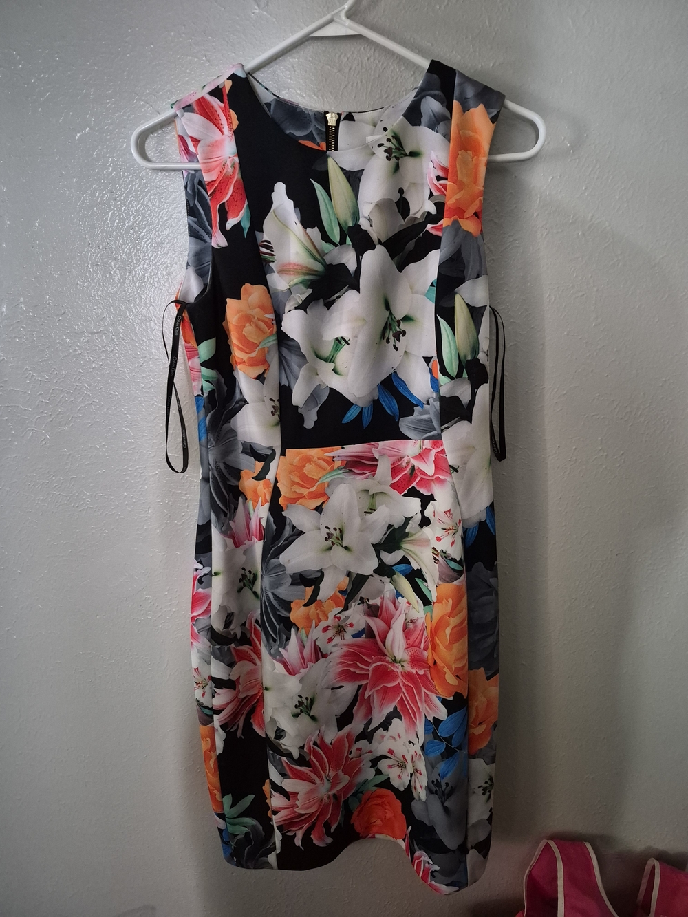 Calvin Klein Black Floral Midi Dress with Orange & Pink Blooms